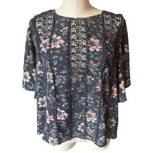Knox Rose Navy Blue Floral Crochet Lace Trim Boho Blouse Top XS Short Sleeve